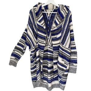 WHITE + WARREN Open Front Cardigan Sweater Hood Blue White Black Stripe Women L